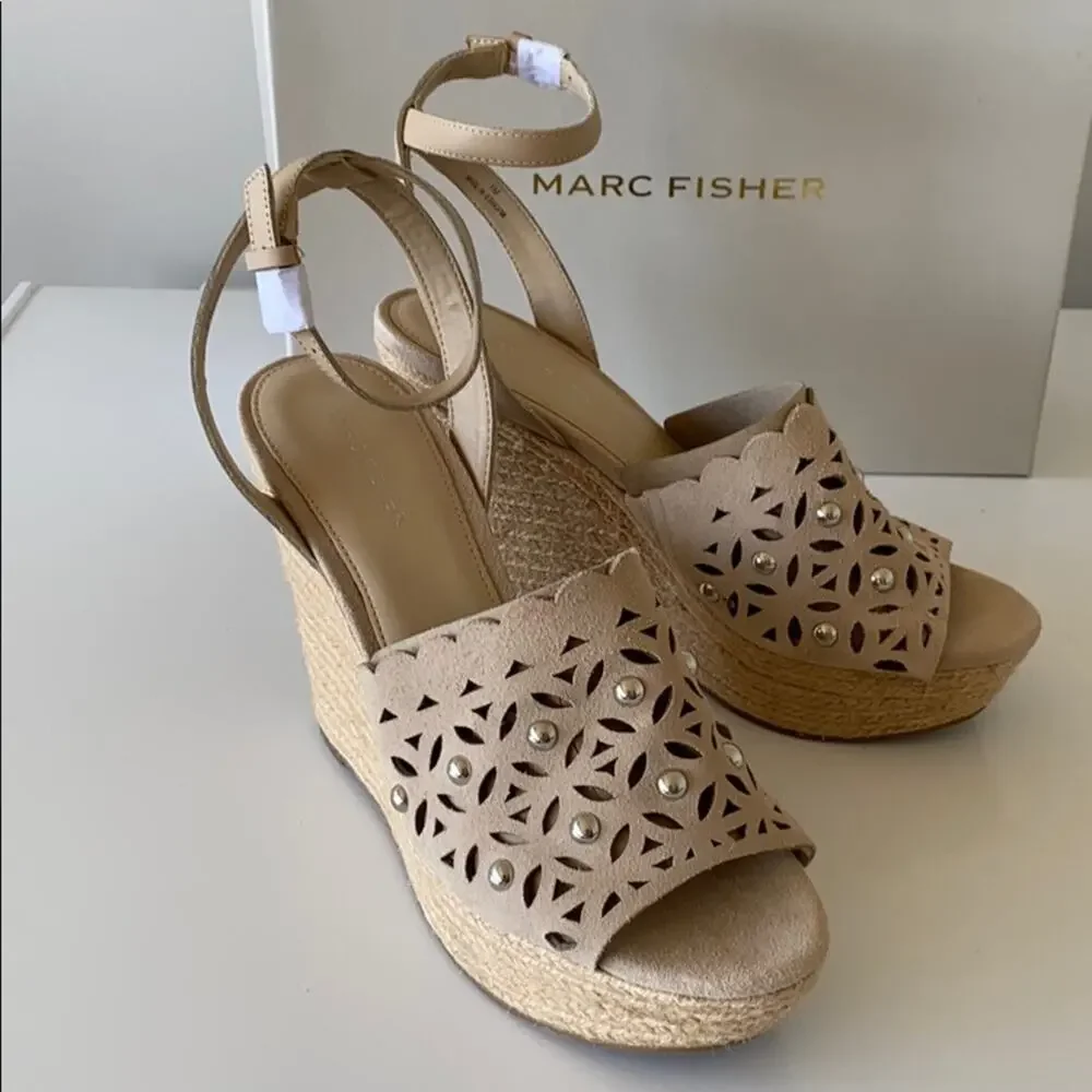 Marc Fisher Hata Beige Suede Studded Espadrille Wedge Sandals Size 9 / 9.5 NIB
